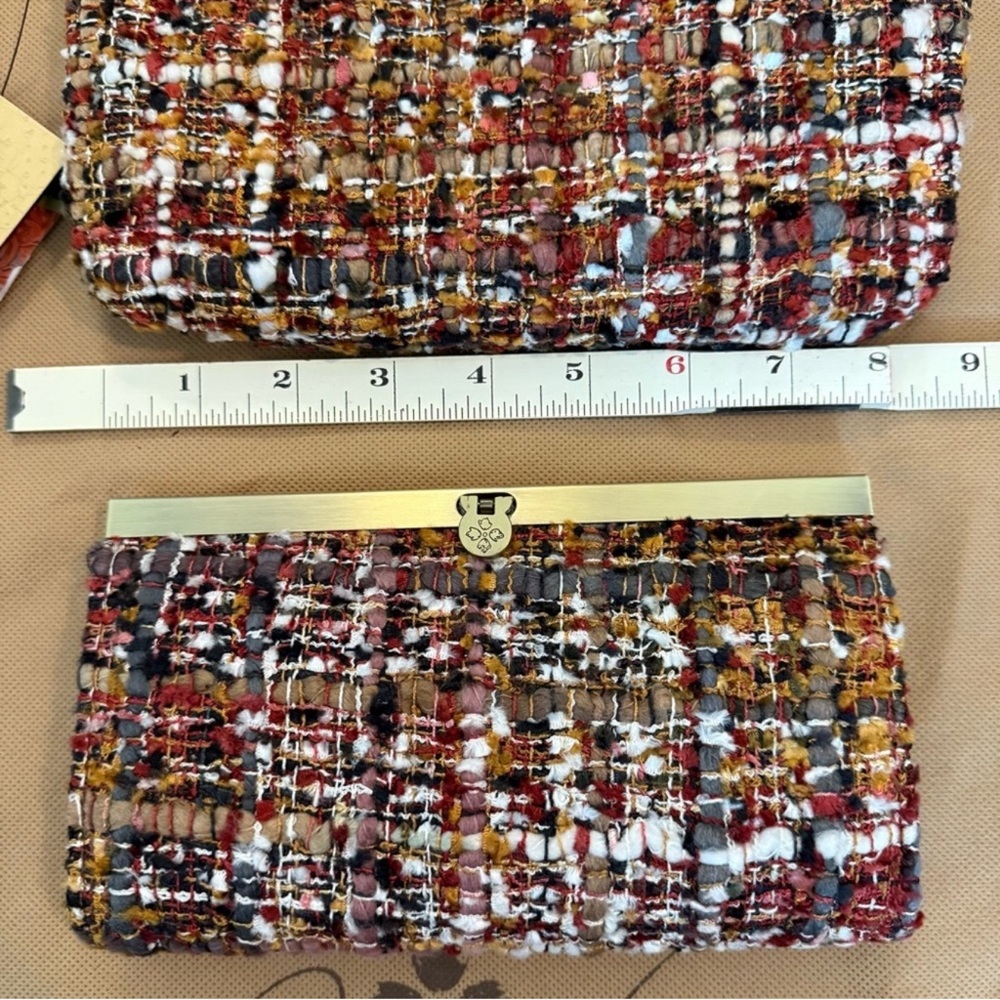 Patricia Nash boucle tweed burgundy black cream khaki bag wallet pouch set - Picture 11 of 16